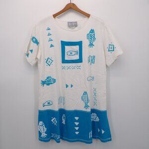Vintage 100% Cotton Women's Cute Fish Dress. Size L. Hand Painted. Front Pocket